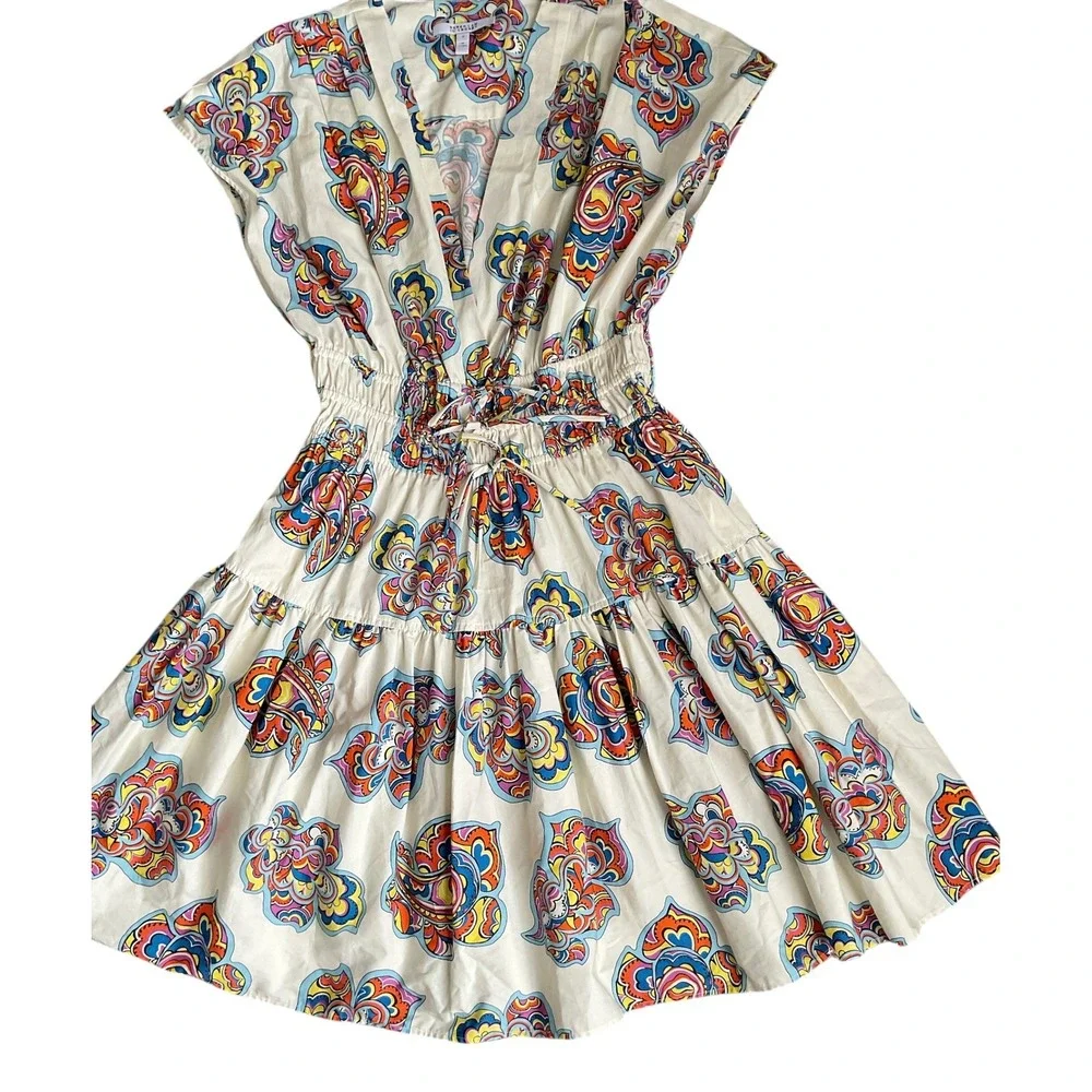 Derek Lam 10 Crosby Tora Ivory‎ Paisley Tiered Smocked Waist Mini Dress Sz 8